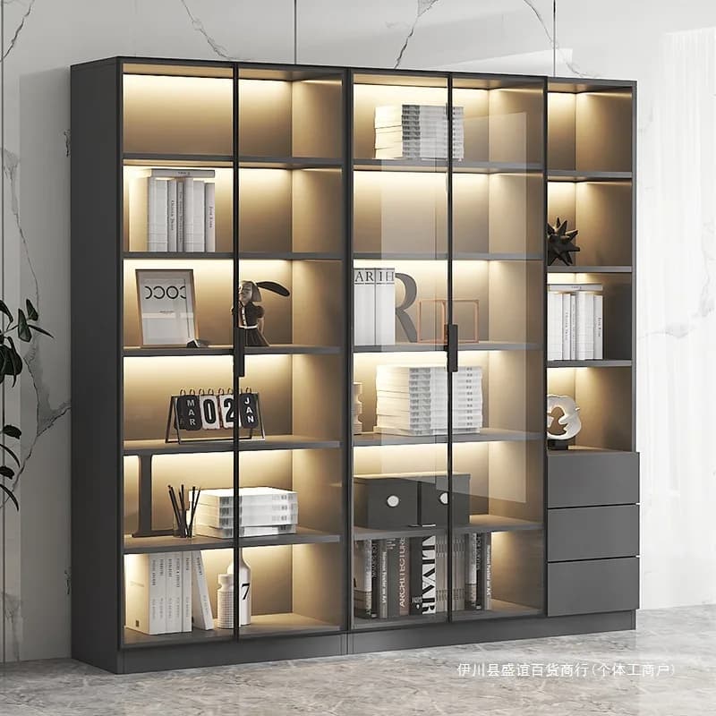 Armários de Sala de Estar com Luzes, Vitrine de Vidro com Portas e 6 Prateleiras, Estante para Móveis de Corredor
