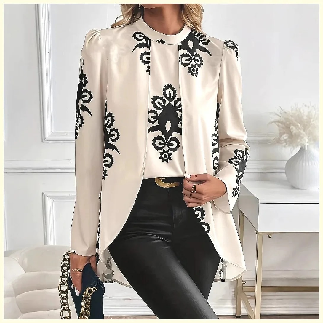 Blusa Feminina de Manga Longa Estampada 2026, Elegante Top de Escritório com Design Falso de Duas Peças Review 2026 — Vale a Pena?