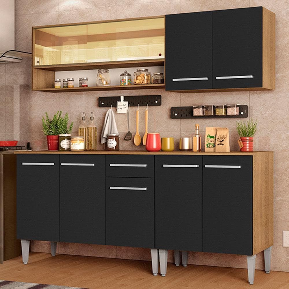 Armário de Cozinha Completa Madesa Emilly Dance com Balcão e Aéreo Vidro Reflex - Rustic/Preto Review: Vale a Pena em 2026?