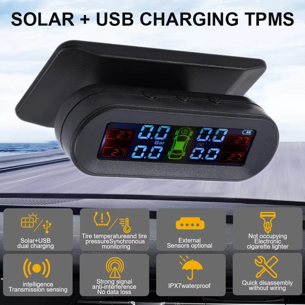 Sistema de monitoramento de pressão dos pneus, aviso de temperatura, economia de combustível, tpms solar com 4 sensores externos, monitor de pressão dos pneus do carro