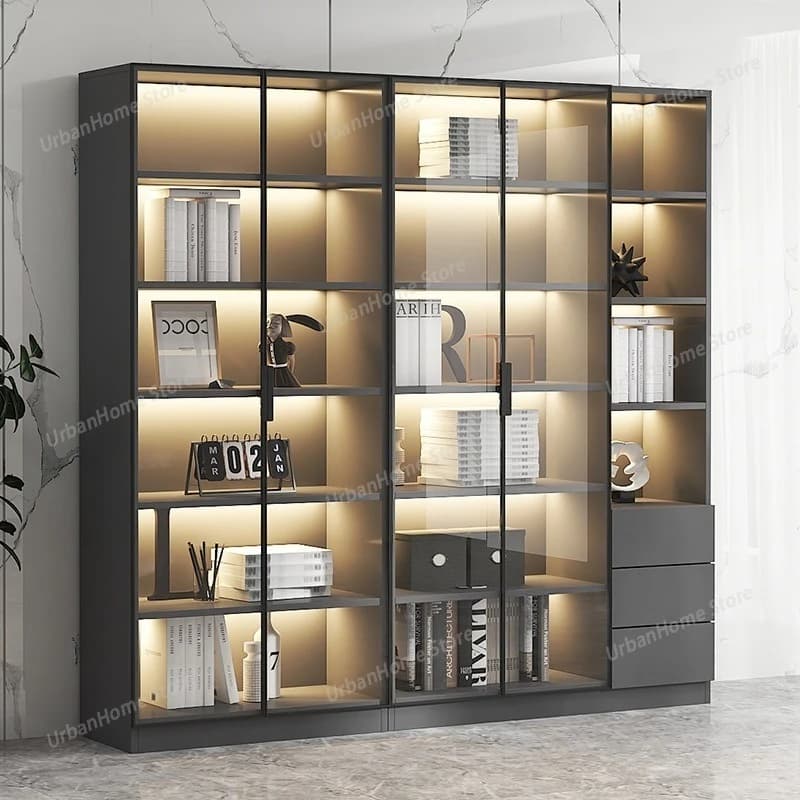 Armários de Sala de Estar com Luzes, Vitrine de Vidro com Portas e 6 Prateleiras, Estante para Móveis de Corredor